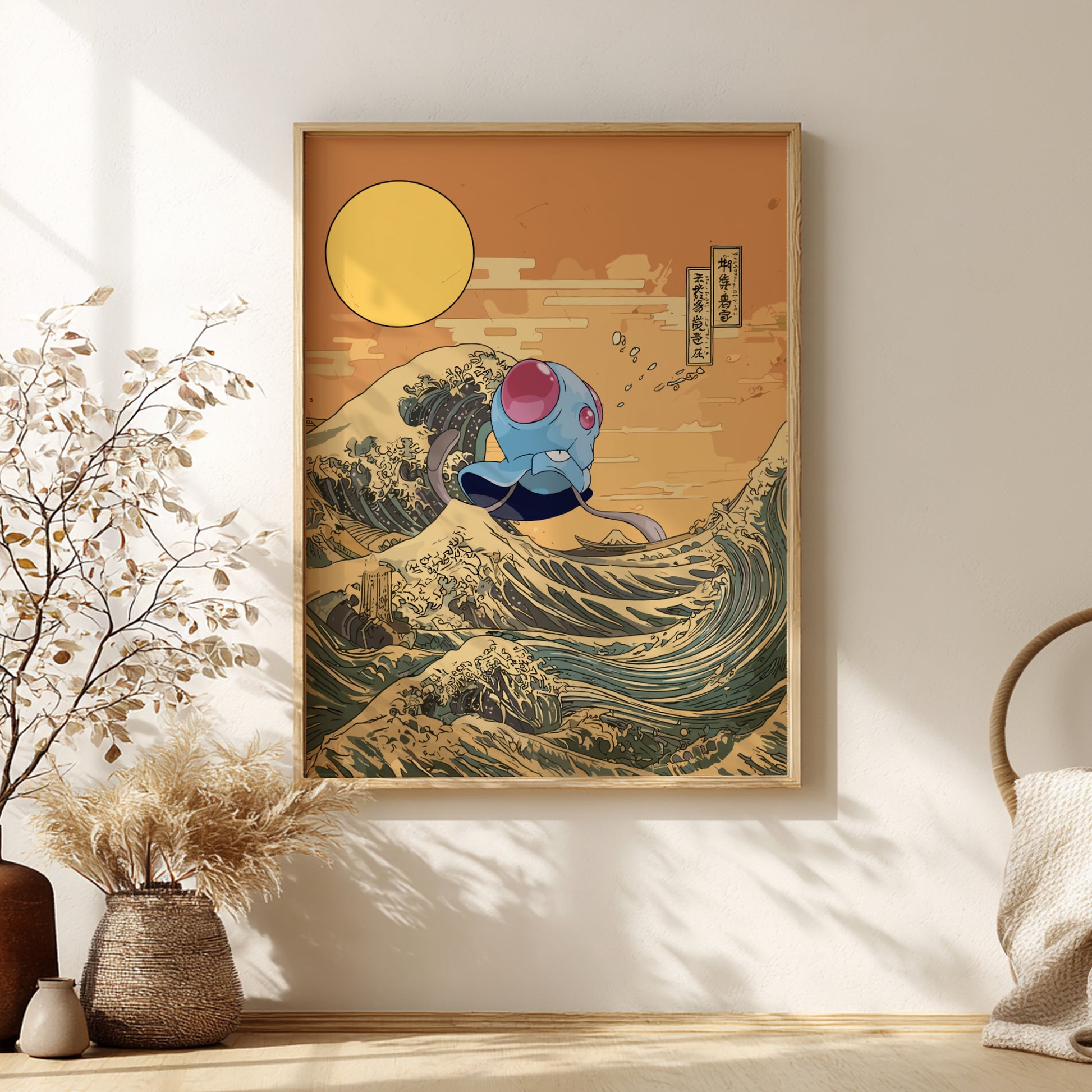 Framed artwork with Tentacool Pokemon character on a wave, resembling 'The Great Wave' by Hokusai, in a room setting.
