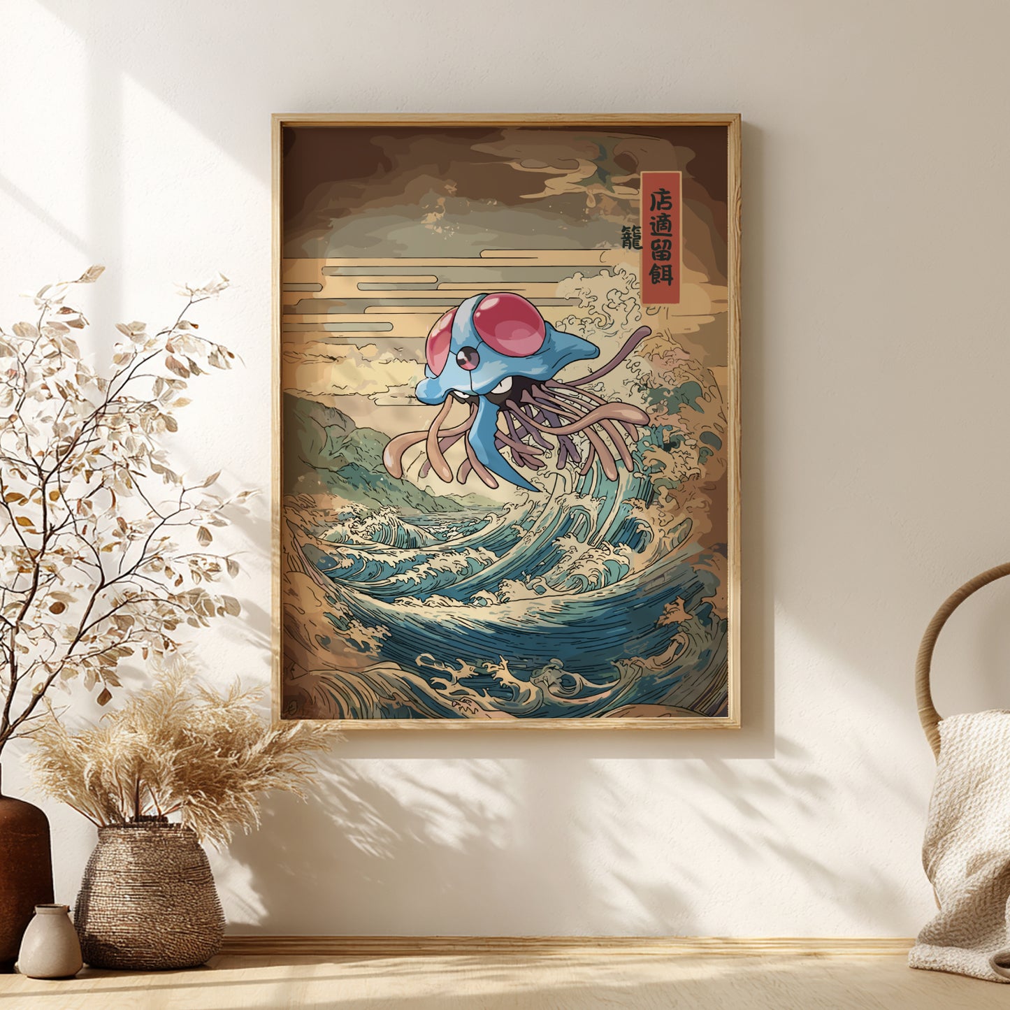 Framed artwork of a stylized Tentacruel Pokemon on a wave in a room with decorative elements.