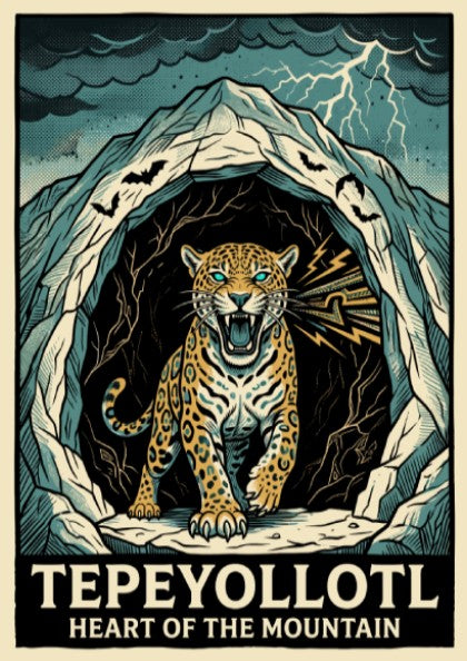 Poster featuring a powerful jaguar emerging from a dark mountain cavern with lightning