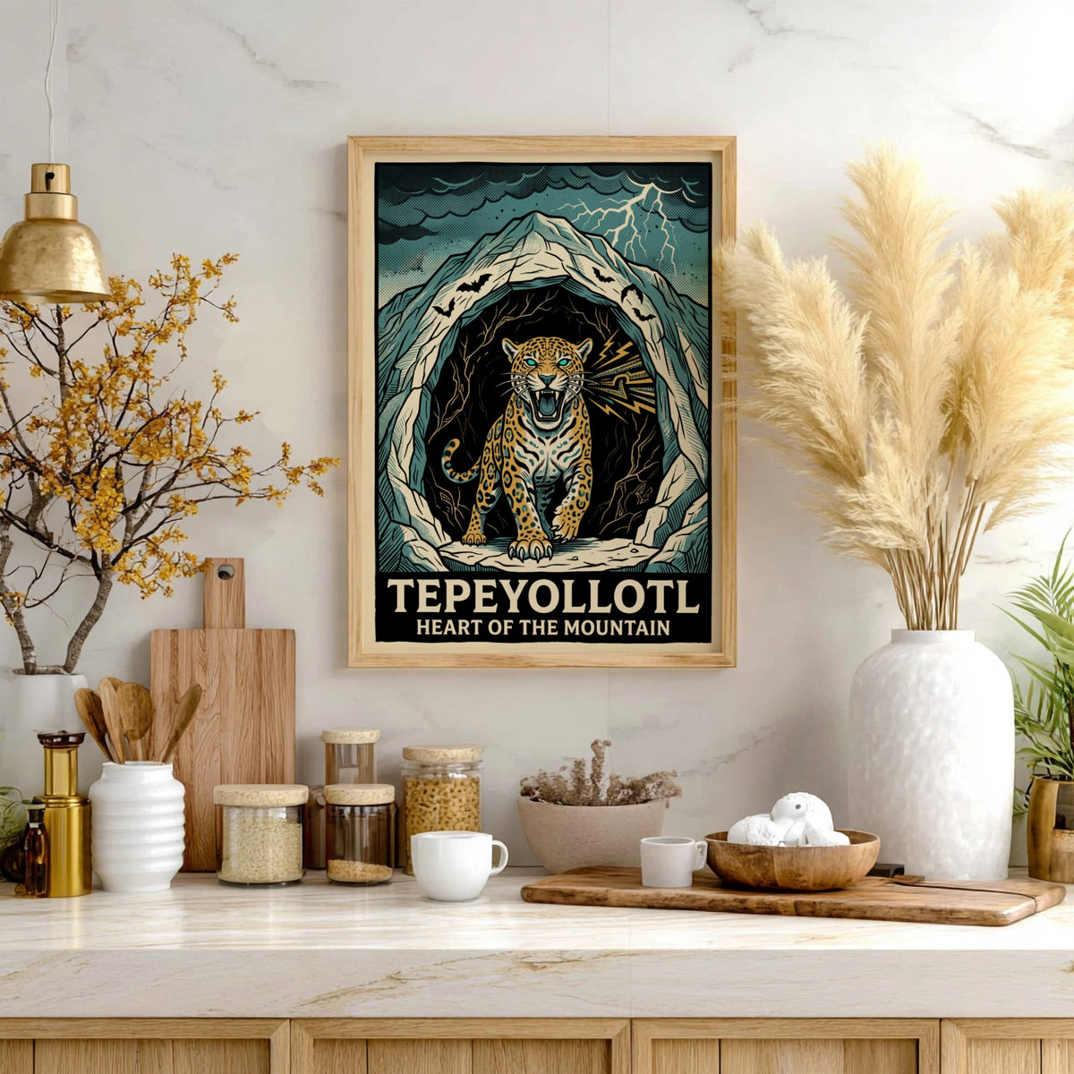 Poster featuring a powerful jaguar emerging from a dark mountain cavern with lightning