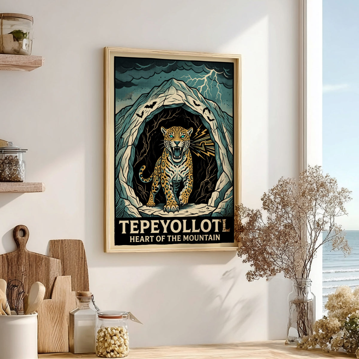 Poster featuring a powerful jaguar emerging from a dark mountain cavern with lightning
