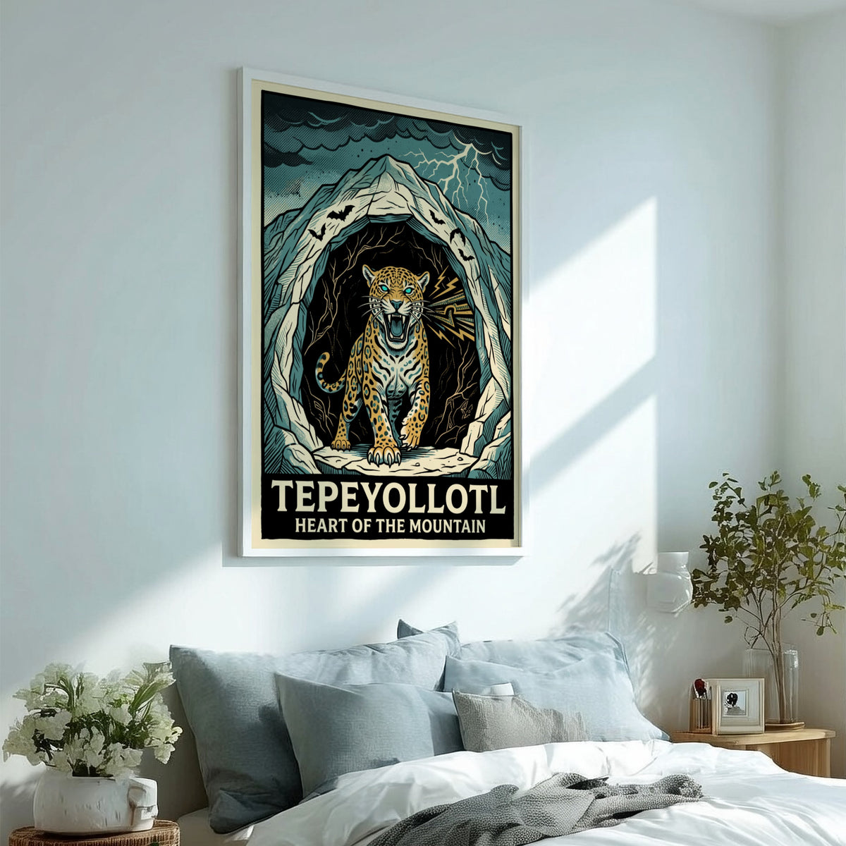 Poster featuring a powerful jaguar emerging from a dark mountain cavern with lightning