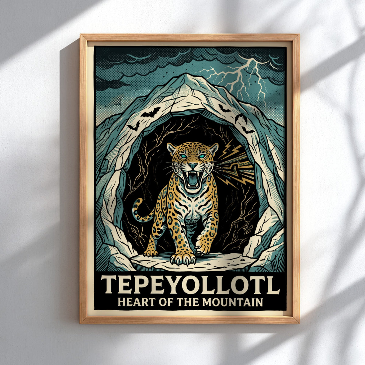 Poster featuring a powerful jaguar emerging from a dark mountain cavern with lightning