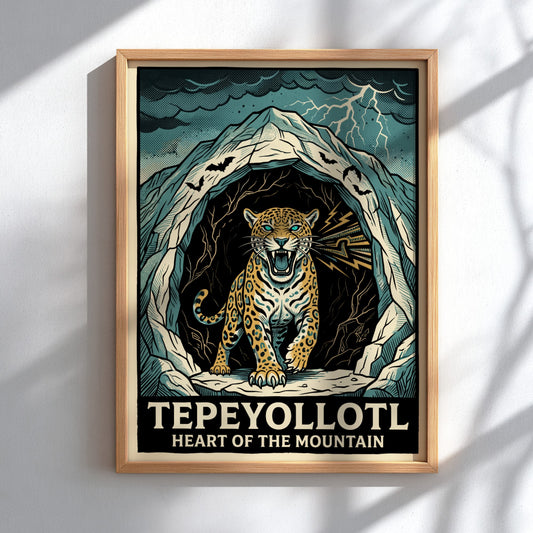 Poster featuring a powerful jaguar emerging from a dark mountain cavern with lightning