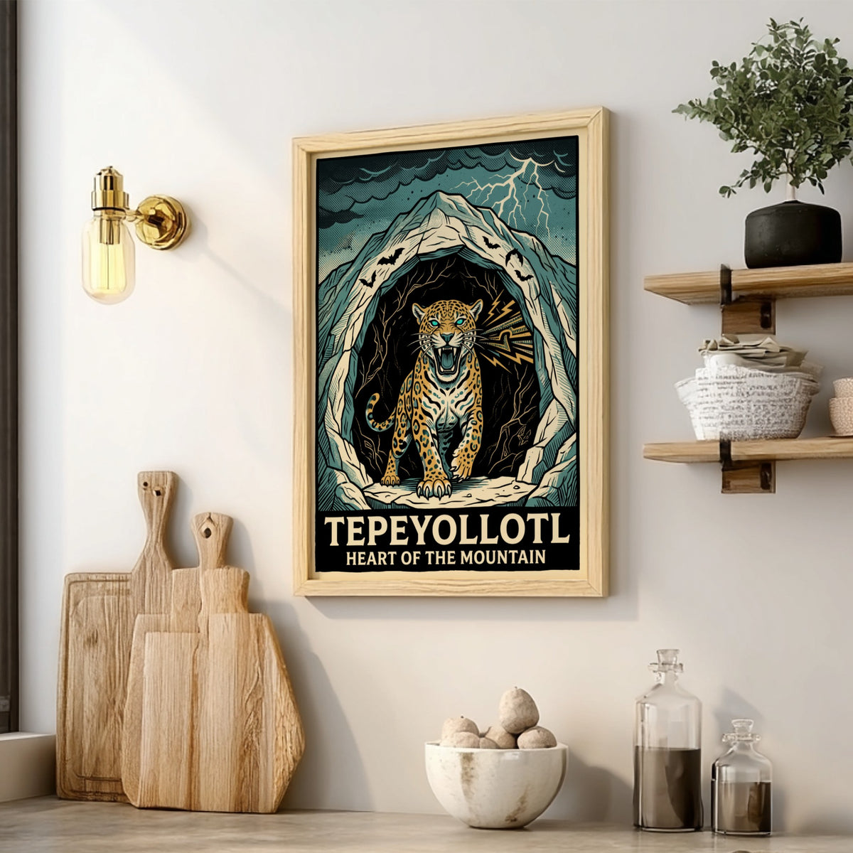 Poster featuring a powerful jaguar emerging from a dark mountain cavern with lightning