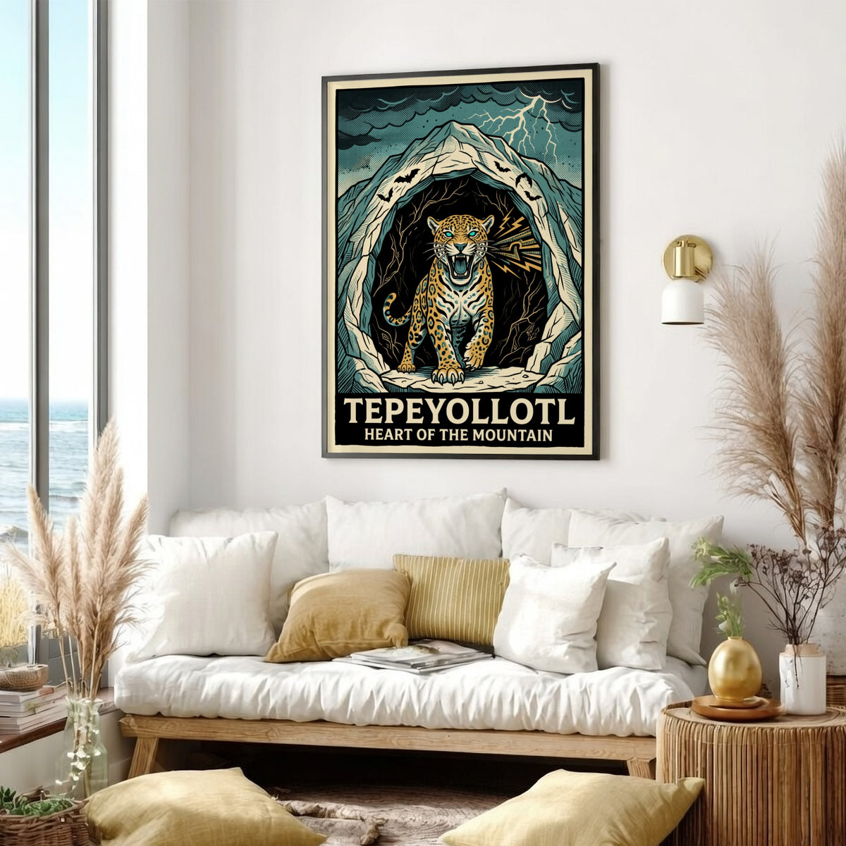 Poster featuring a powerful jaguar emerging from a dark mountain cavern with lightning