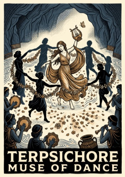 Poster of Terpsichore, the Muse of Dance, surrounded by musicians and dancers inside cave.