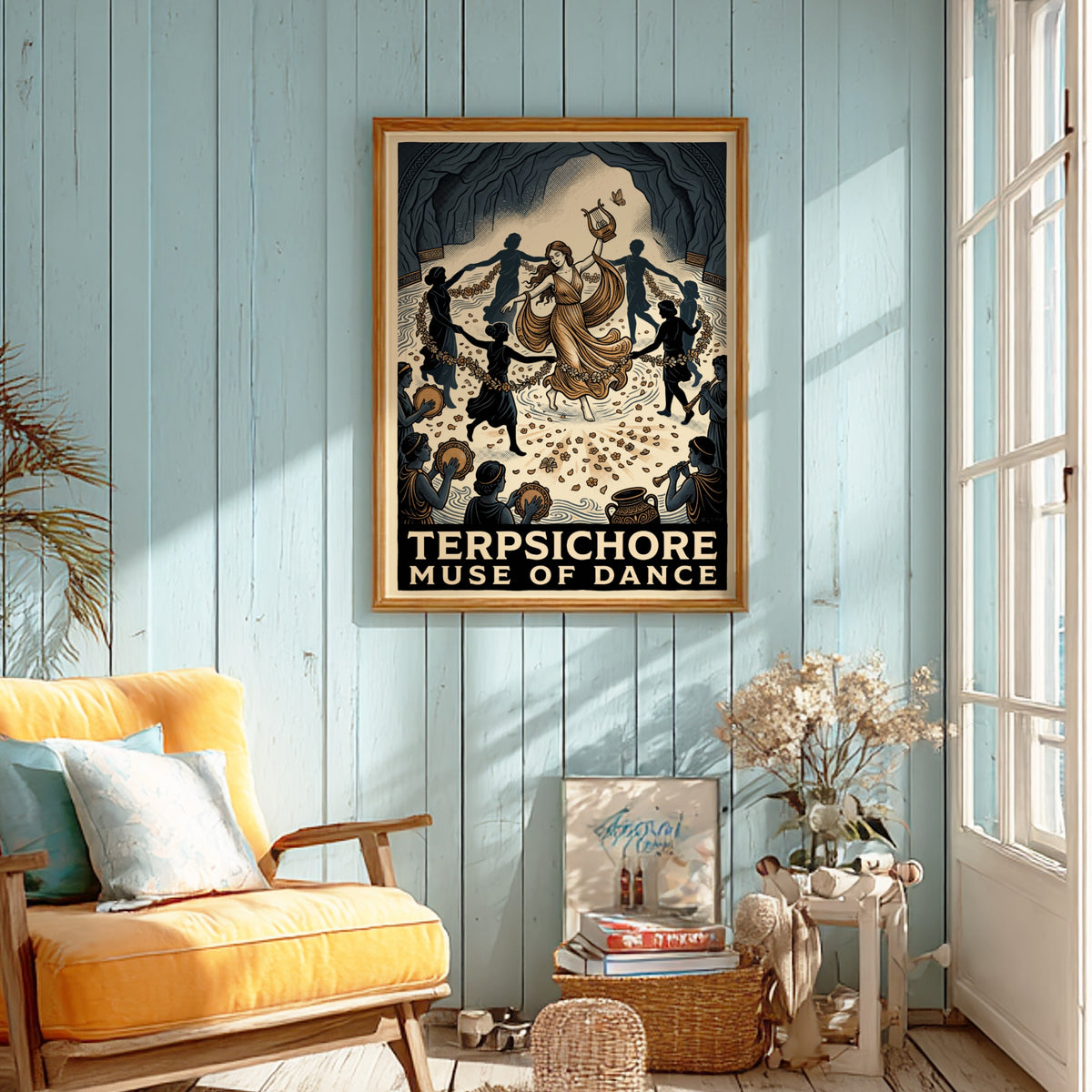 Poster of Terpsichore, the Muse of Dance, surrounded by musicians and dancers inside cave.
