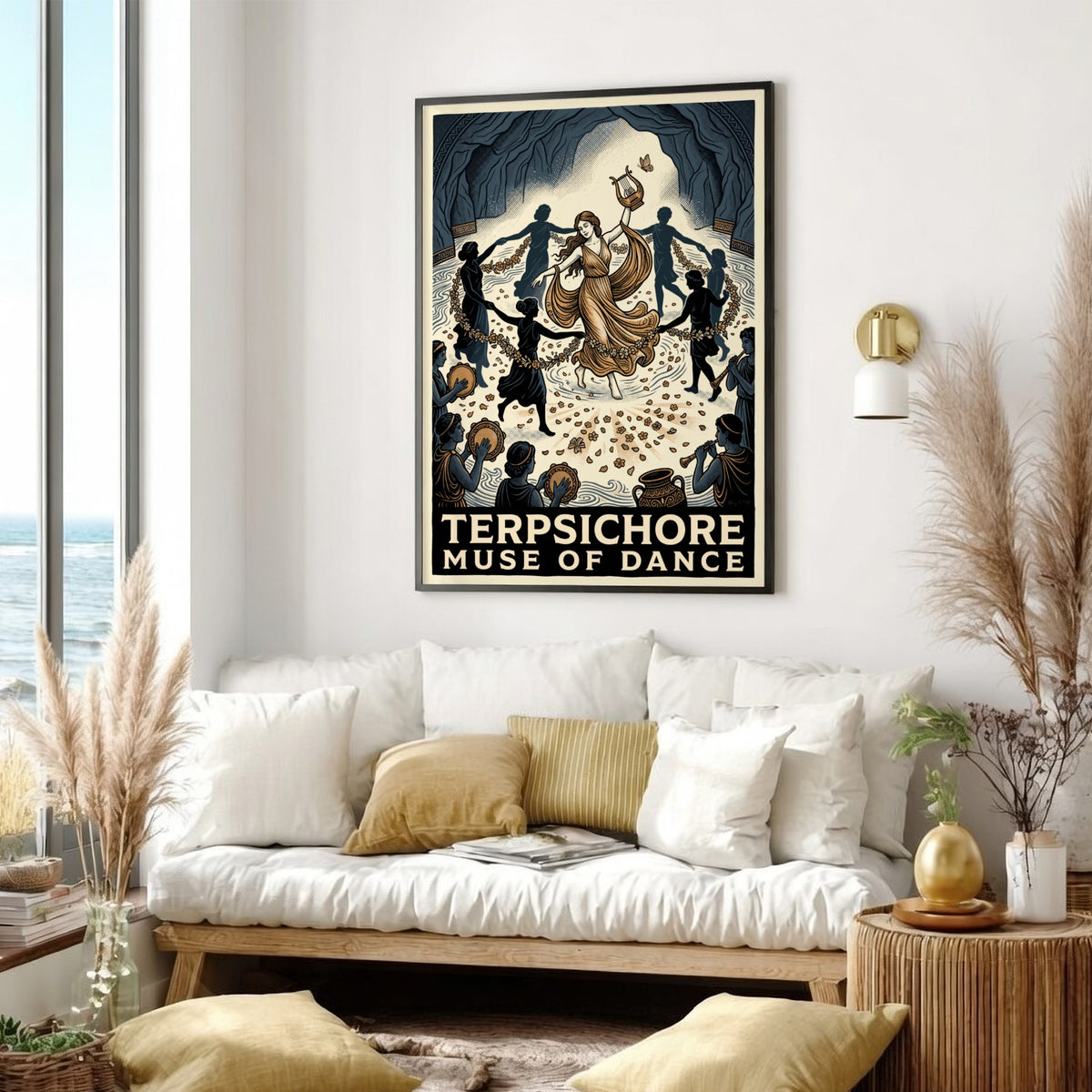 Poster of Terpsichore, the Muse of Dance, surrounded by musicians and dancers inside cave.