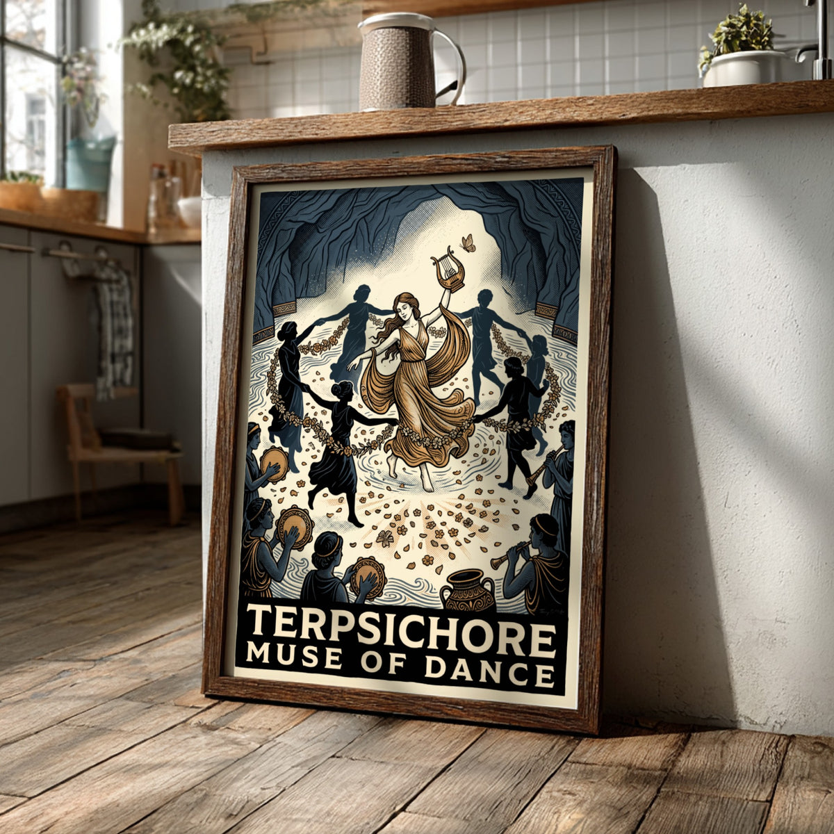 Poster of Terpsichore, the Muse of Dance, surrounded by musicians and dancers inside cave.