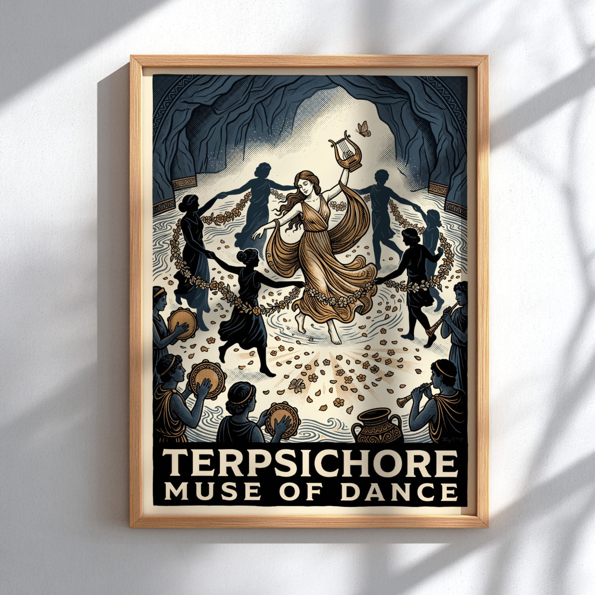 Poster of Terpsichore, the Muse of Dance, surrounded by musicians and dancers inside cave.