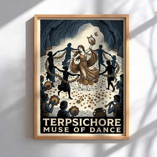 Poster of Terpsichore, the Muse of Dance, surrounded by musicians and dancers inside cave.