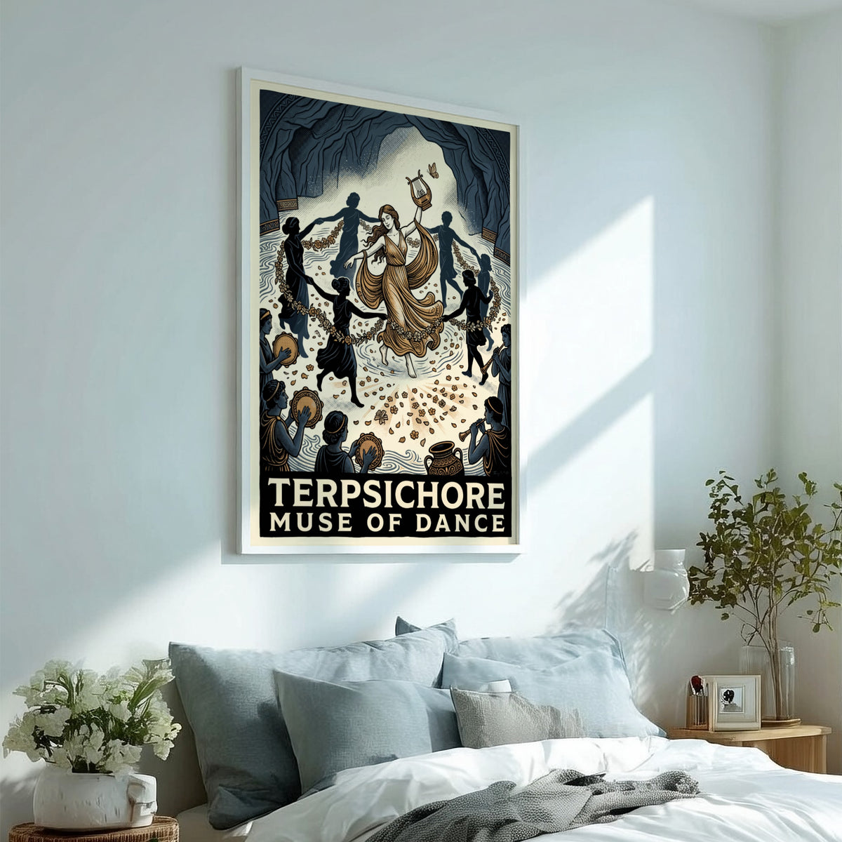 Poster of Terpsichore, the Muse of Dance, surrounded by musicians and dancers inside cave.