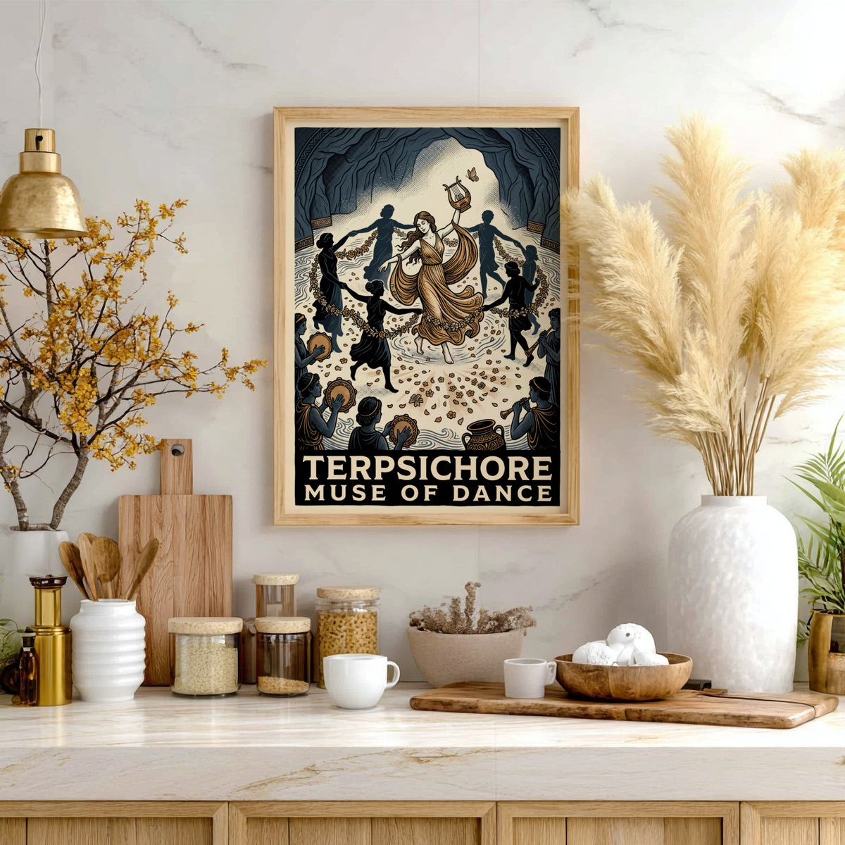 Poster of Terpsichore, the Muse of Dance, surrounded by musicians and dancers inside cave.