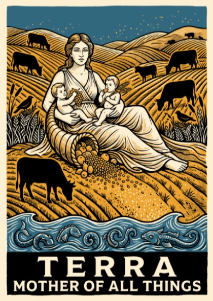 Poster featuring a mother figure and children surrounded by golden hills and livestock.