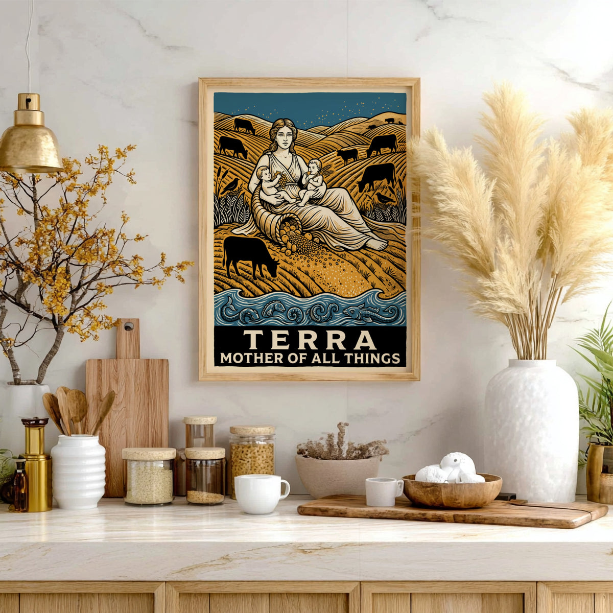 Poster featuring a mother figure and children surrounded by golden hills and livestock.