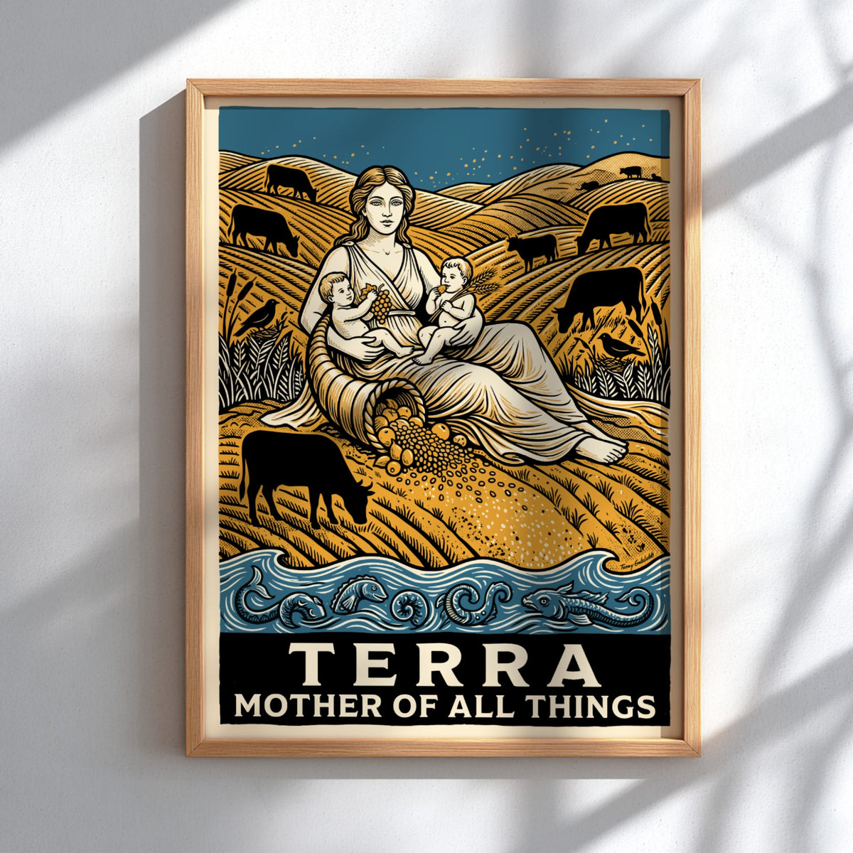 Poster featuring a mother figure and children surrounded by golden hills and livestock.