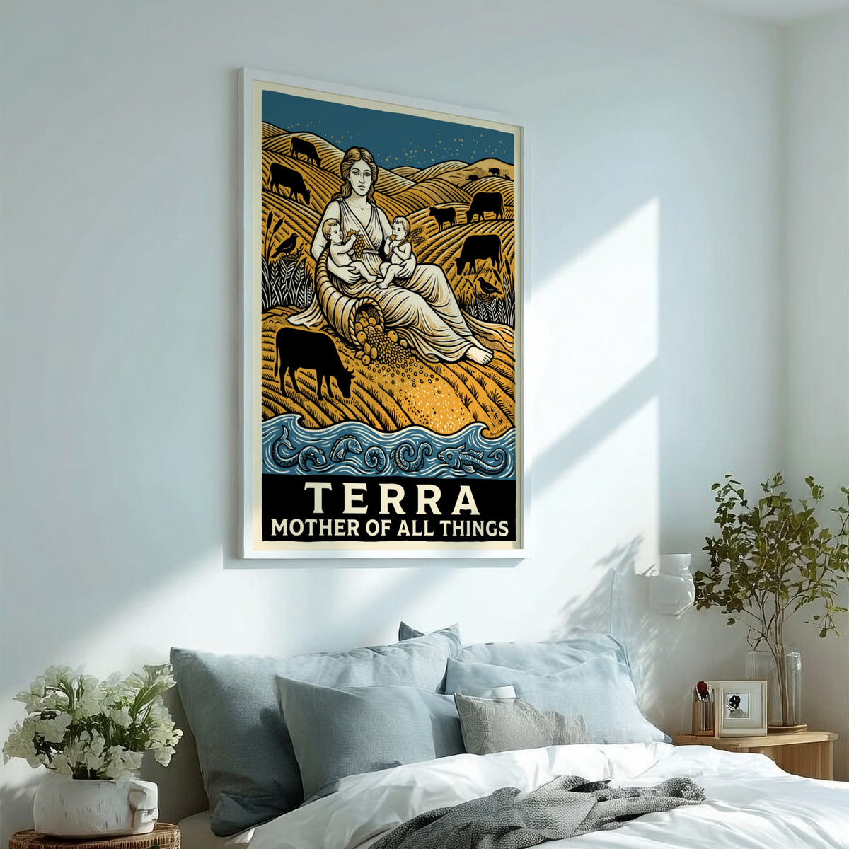 Poster featuring a mother figure and children surrounded by golden hills and livestock.