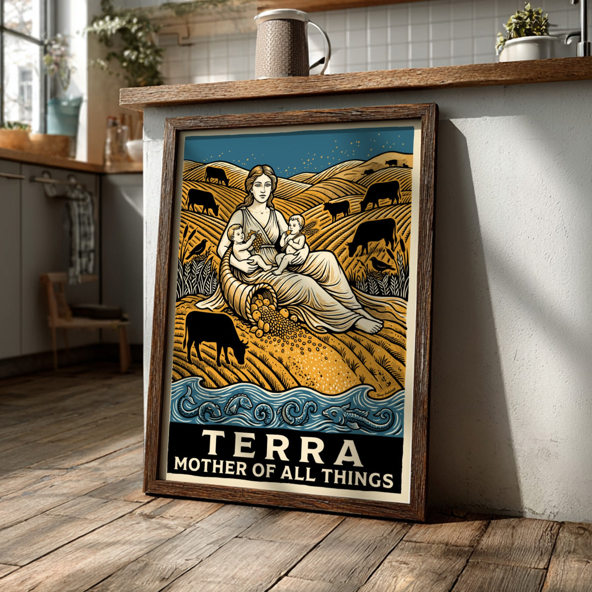 Poster featuring a mother figure and children surrounded by golden hills and livestock.