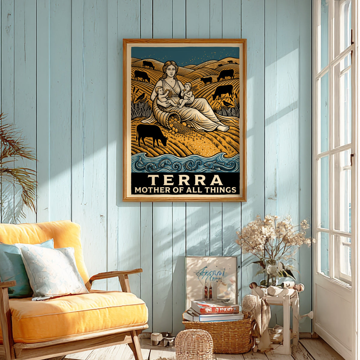 Poster featuring a mother figure and children surrounded by golden hills and livestock.