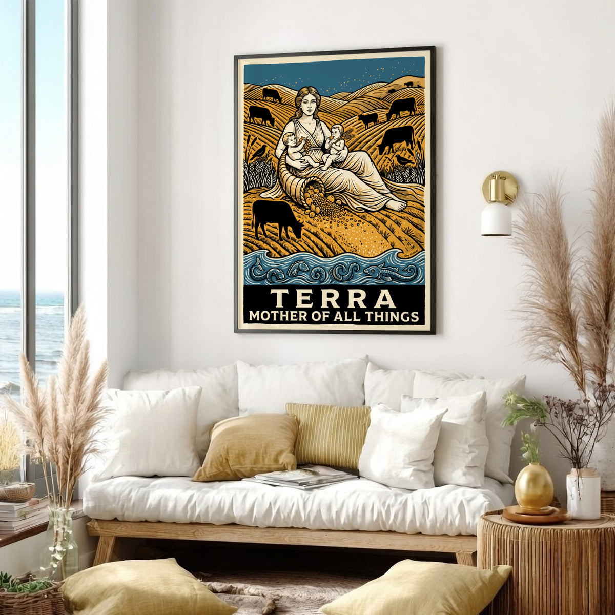Poster featuring a mother figure and children surrounded by golden hills and livestock.