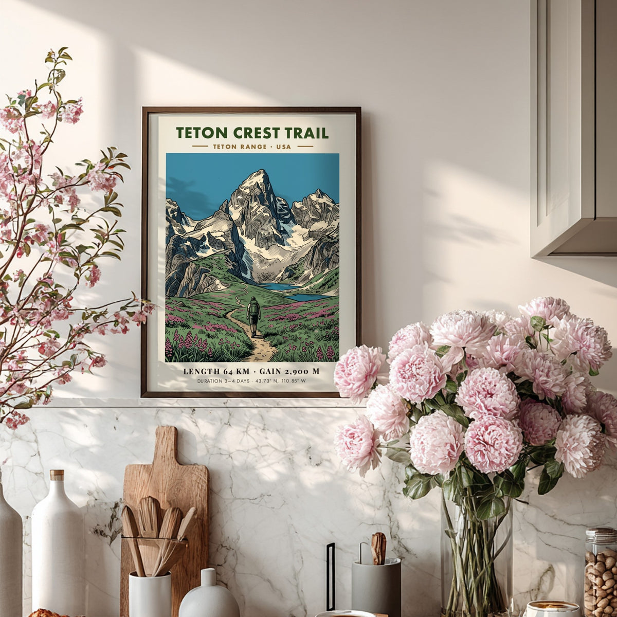 Poster of the Teton Crest Trail featuring a hiker in a wildflower meadow.