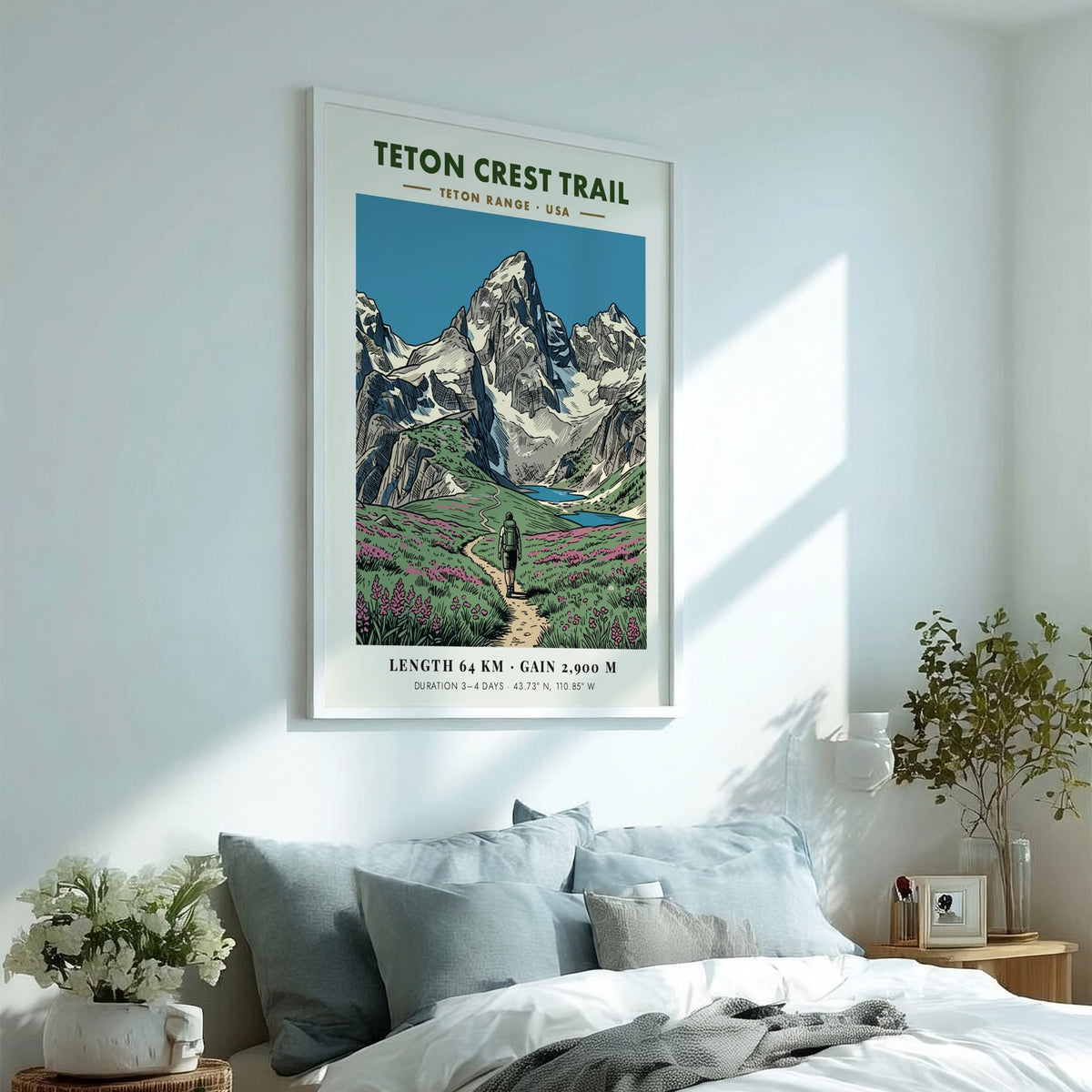 Poster of the Teton Crest Trail featuring a hiker in a wildflower meadow.