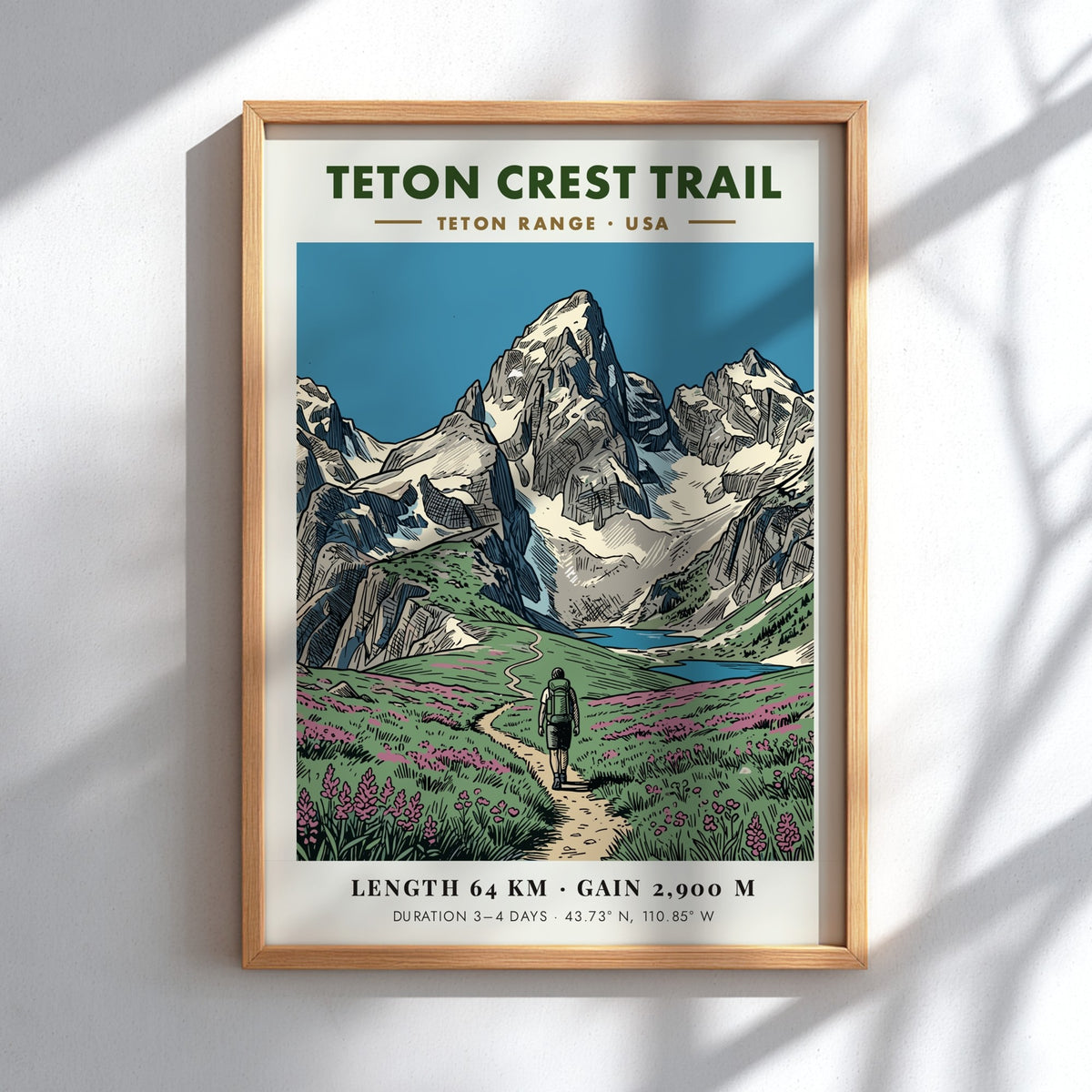 Poster of the Teton Crest Trail featuring a hiker in a wildflower meadow.