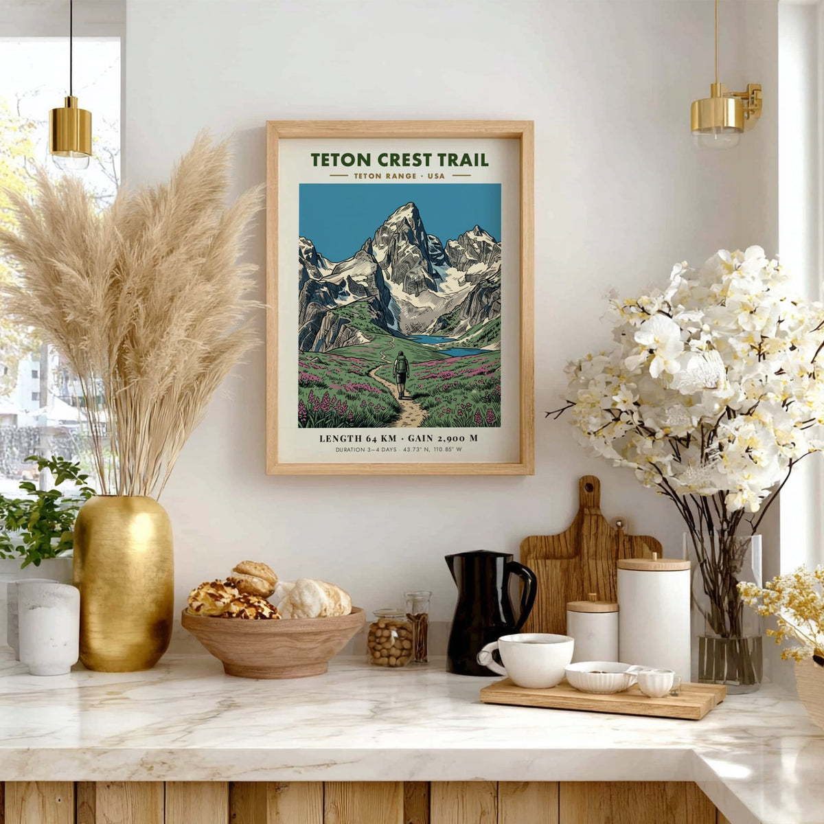 Poster of the Teton Crest Trail featuring a hiker in a wildflower meadow.