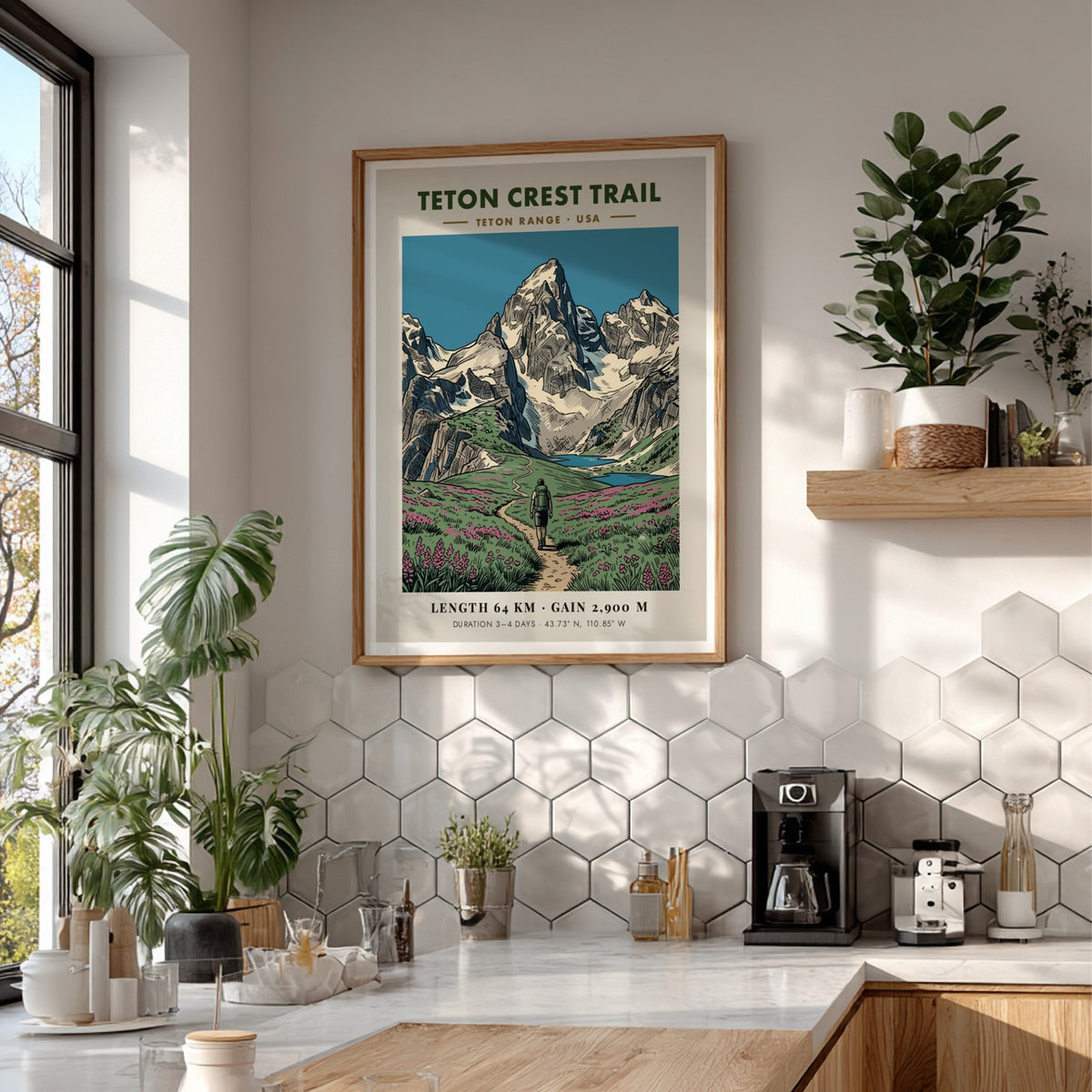 Poster of the Teton Crest Trail featuring a hiker in a wildflower meadow.