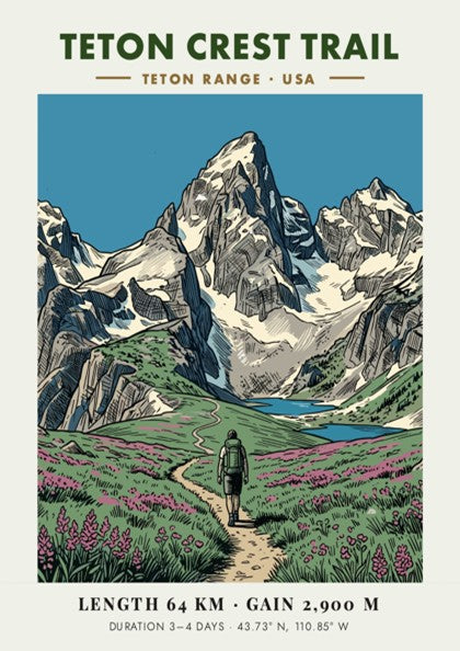 Poster of the Teton Crest Trail featuring a hiker in a wildflower meadow.