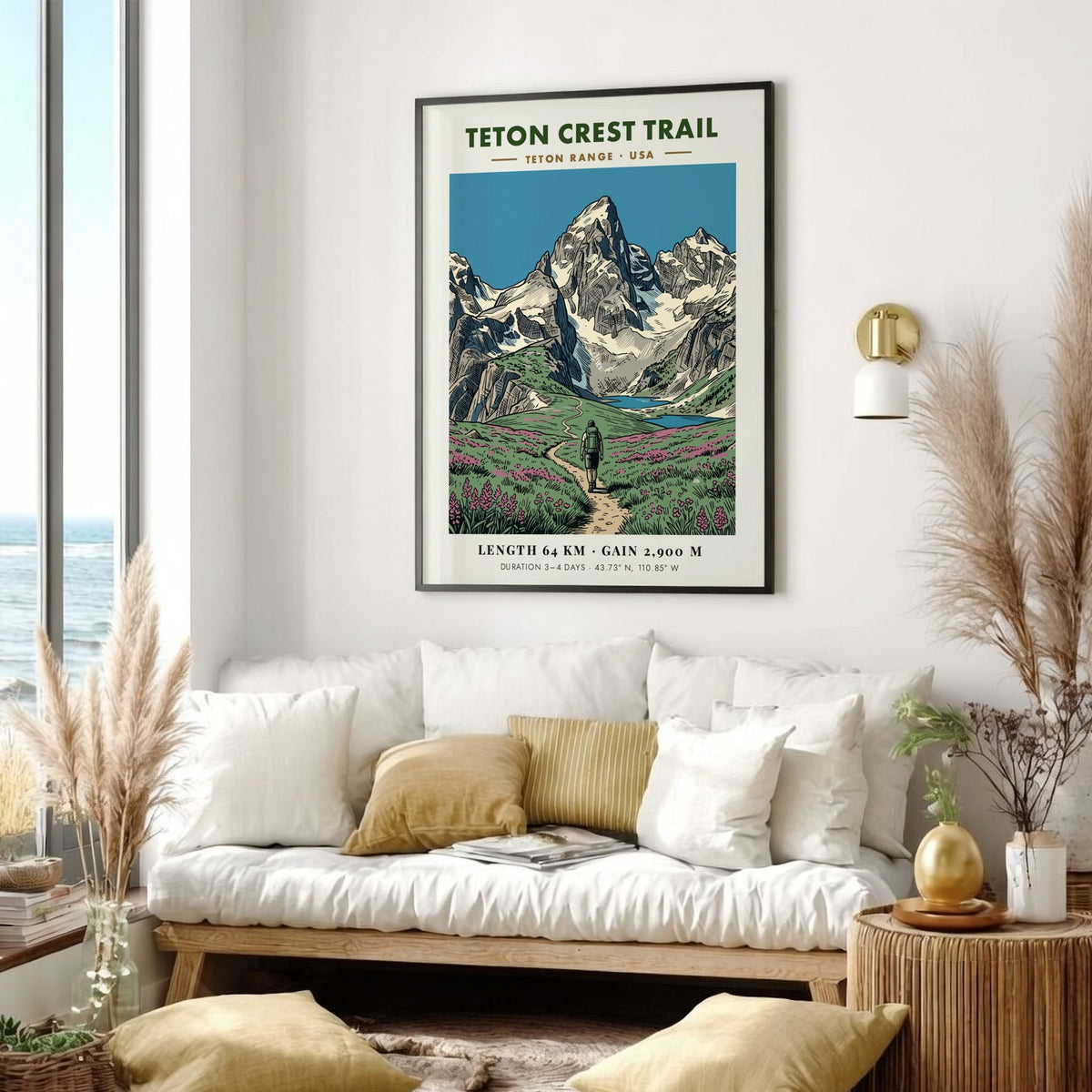 Poster of the Teton Crest Trail featuring a hiker in a wildflower meadow.