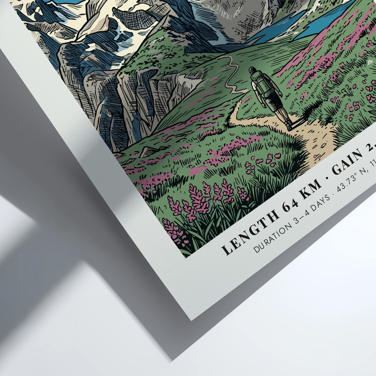 Poster of the Teton Crest Trail featuring a hiker in a wildflower meadow.