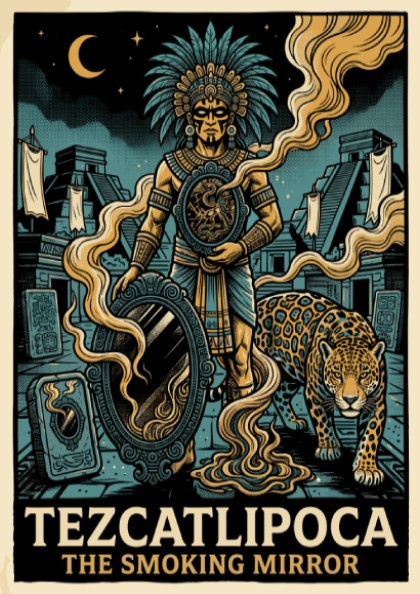Poster of Aztec deity Tezcatlipoca with a smoking mirror and jaguar in teal gold.
