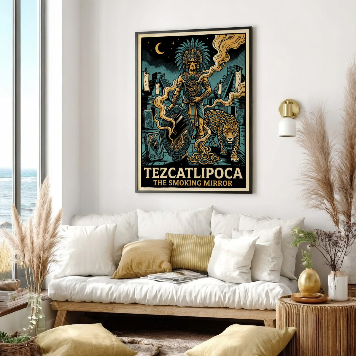 Poster of Aztec deity Tezcatlipoca with a smoking mirror and jaguar in teal gold.