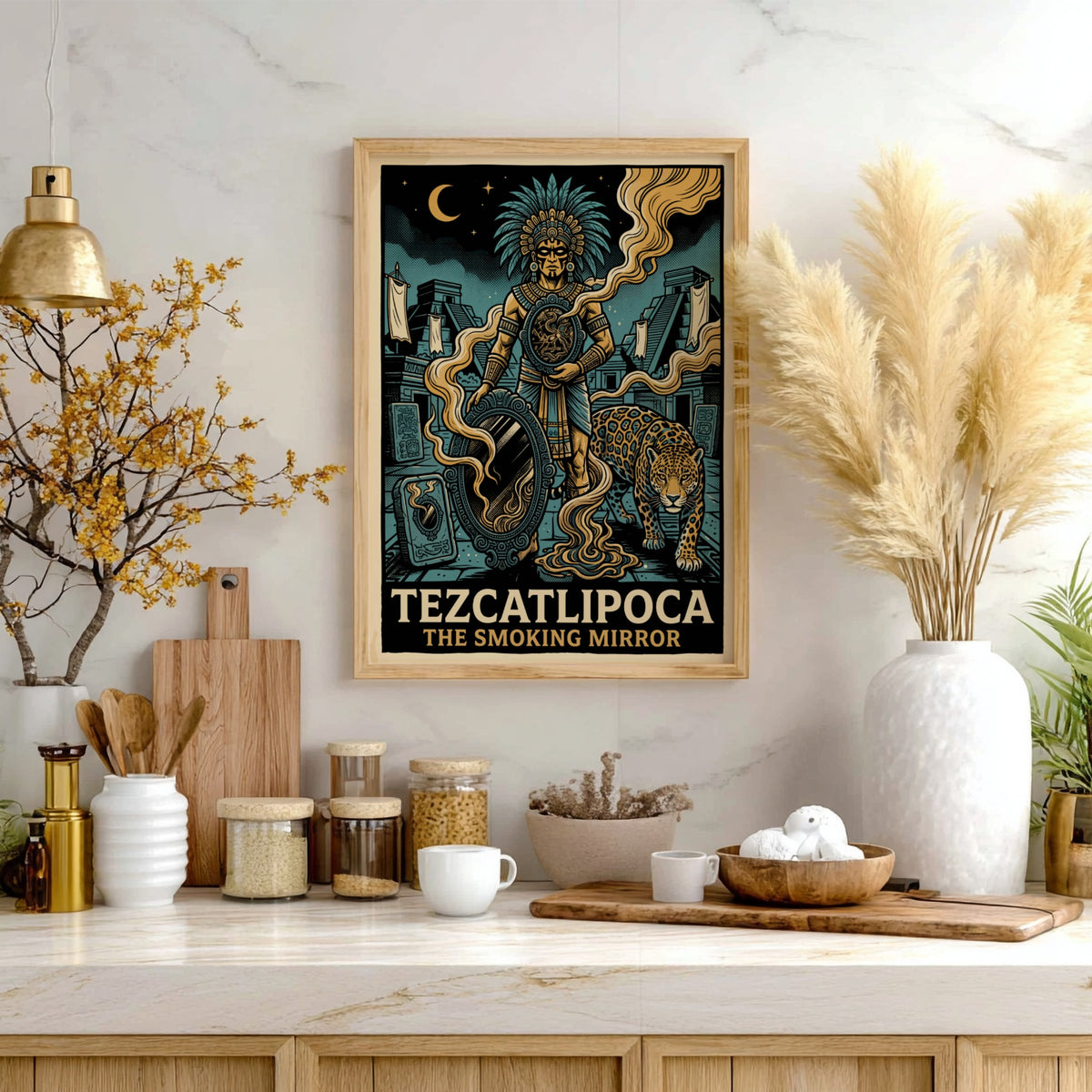 Poster of Aztec deity Tezcatlipoca with a smoking mirror and jaguar in teal gold.