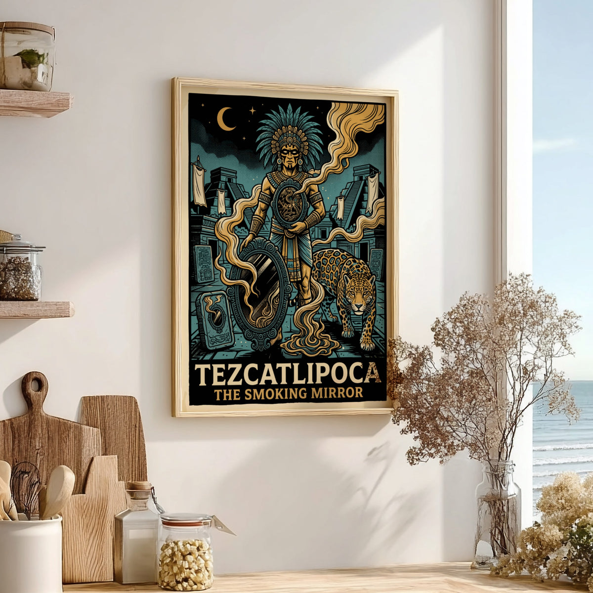 Poster of Aztec deity Tezcatlipoca with a smoking mirror and jaguar in teal gold.