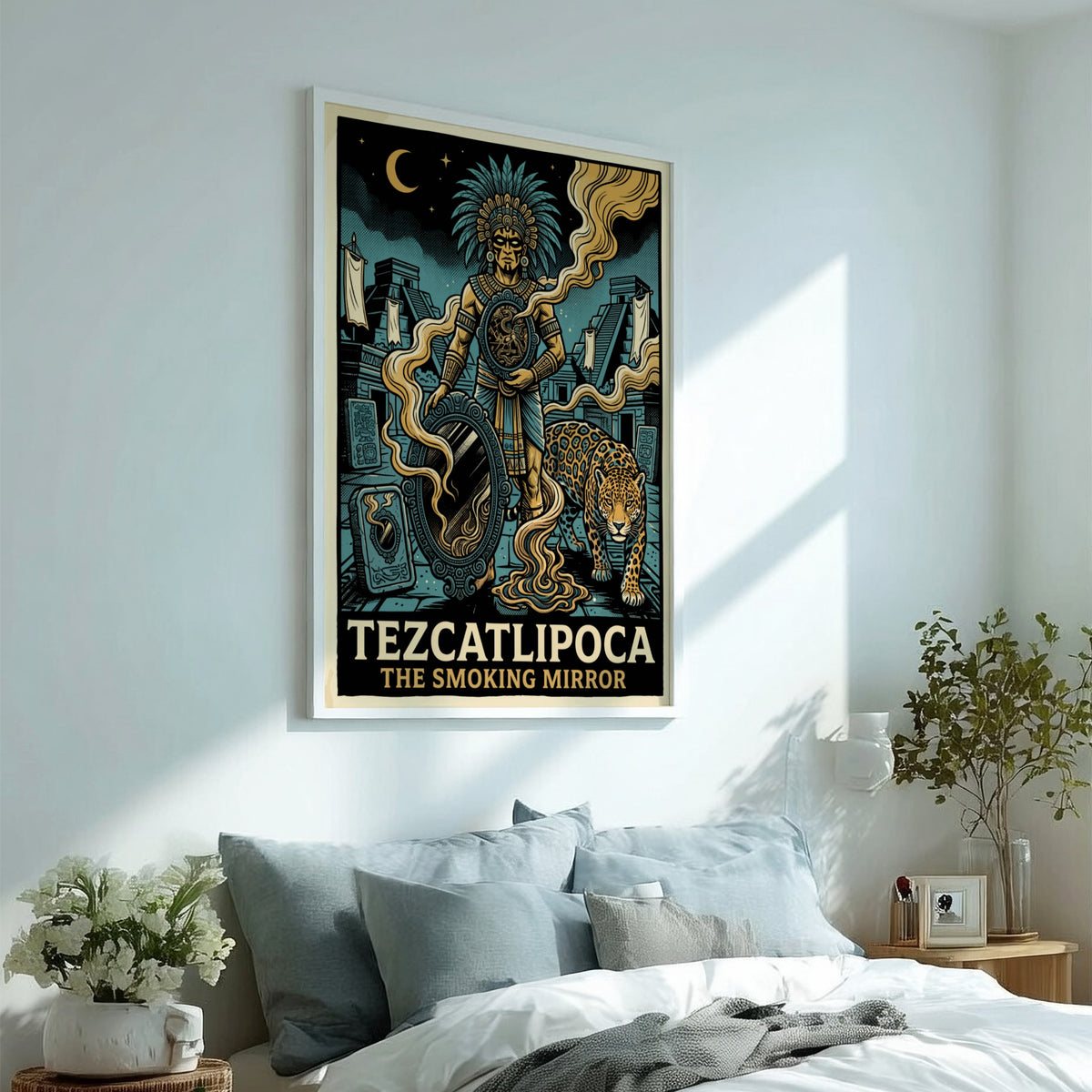 Poster of Aztec deity Tezcatlipoca with a smoking mirror and jaguar in teal gold.