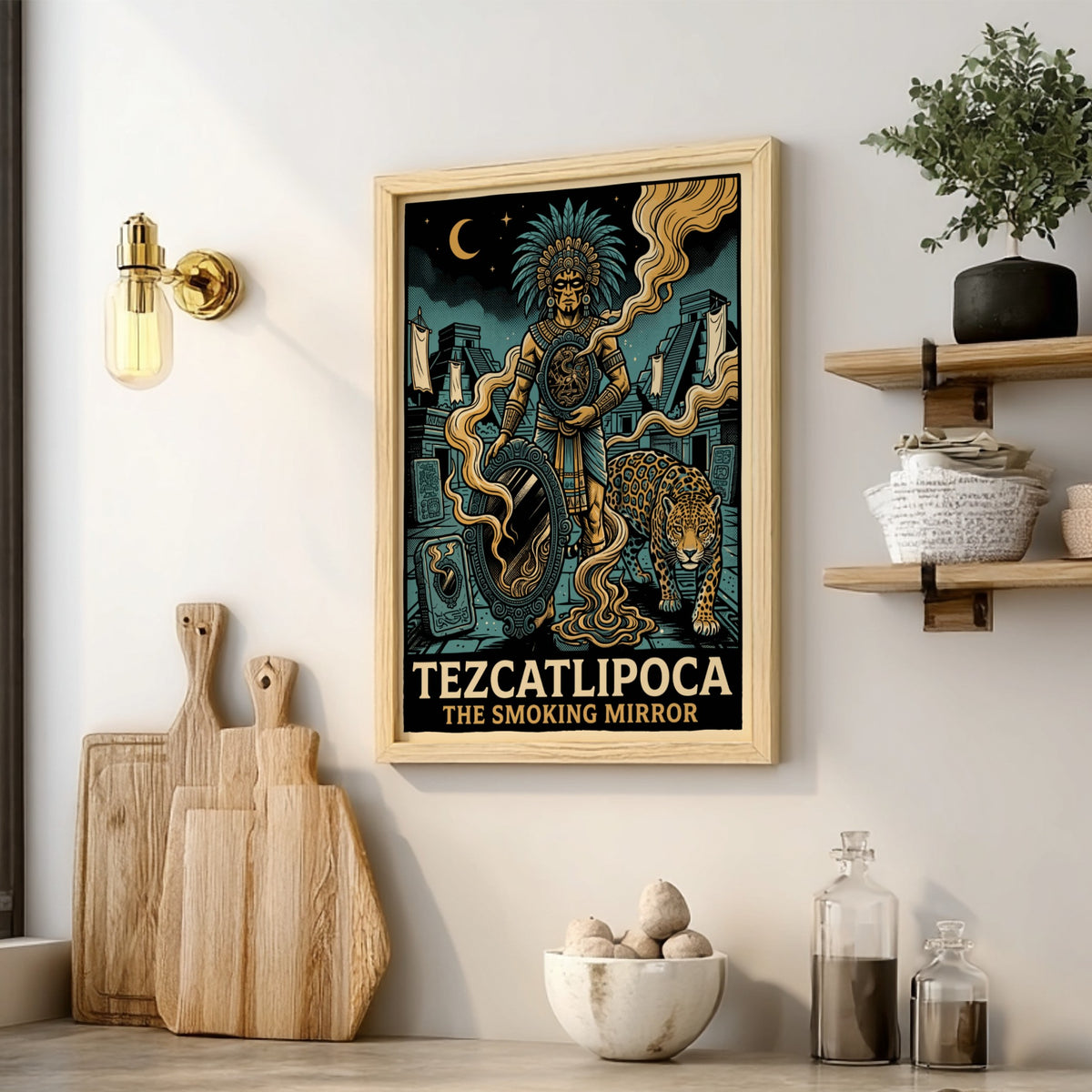 Poster of Aztec deity Tezcatlipoca with a smoking mirror and jaguar in teal gold.
