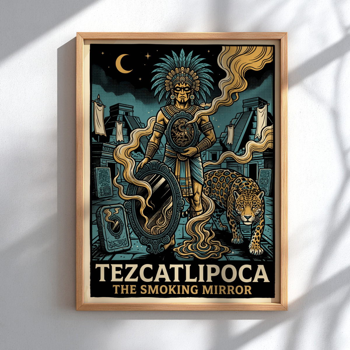 Poster of Aztec deity Tezcatlipoca with a smoking mirror and jaguar in teal gold.