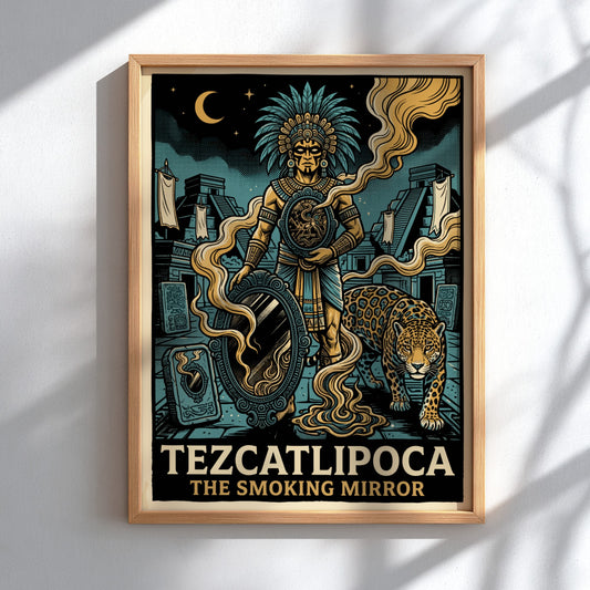 Poster of Aztec deity Tezcatlipoca with a smoking mirror and jaguar in teal gold.