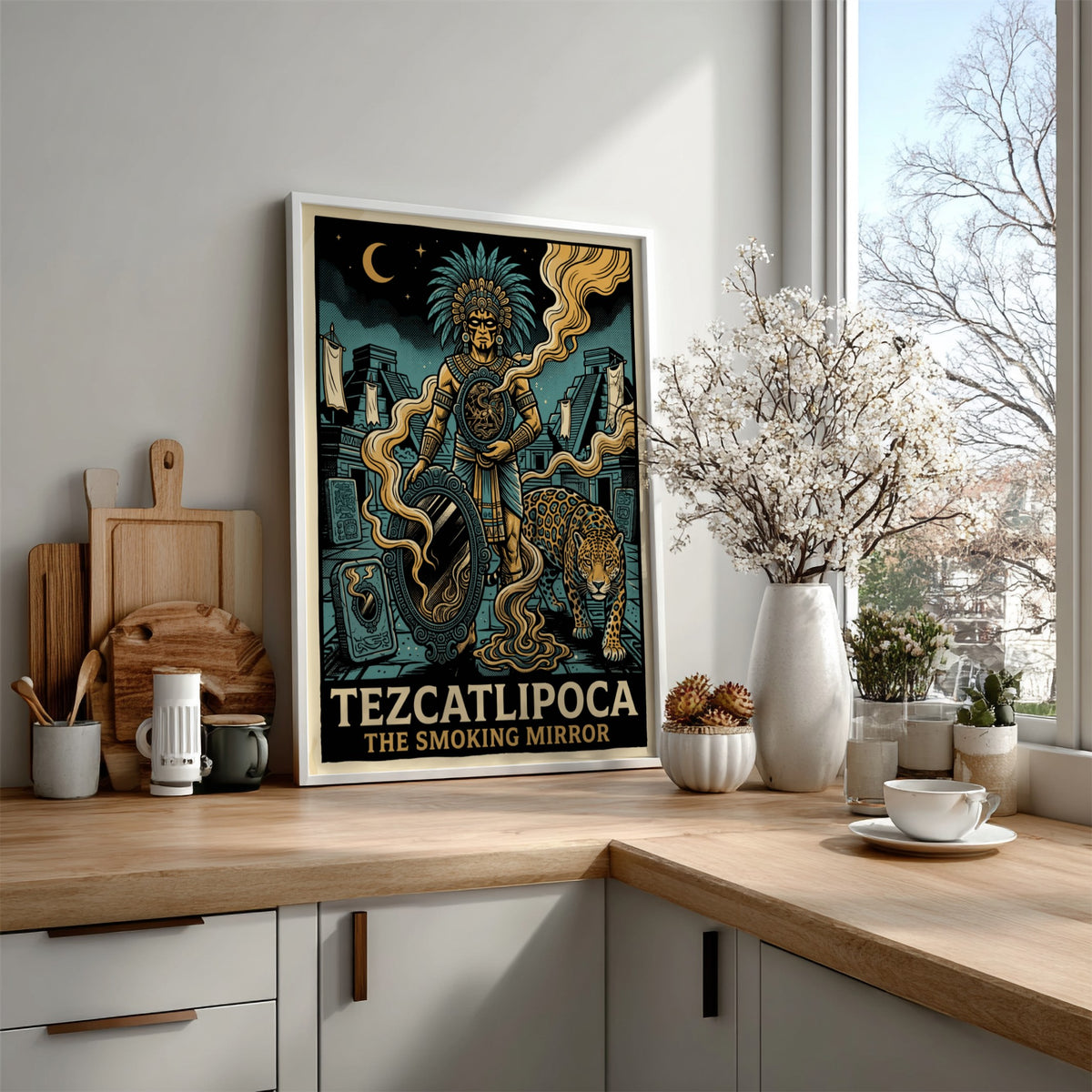 Poster of Aztec deity Tezcatlipoca with a smoking mirror and jaguar in teal gold.