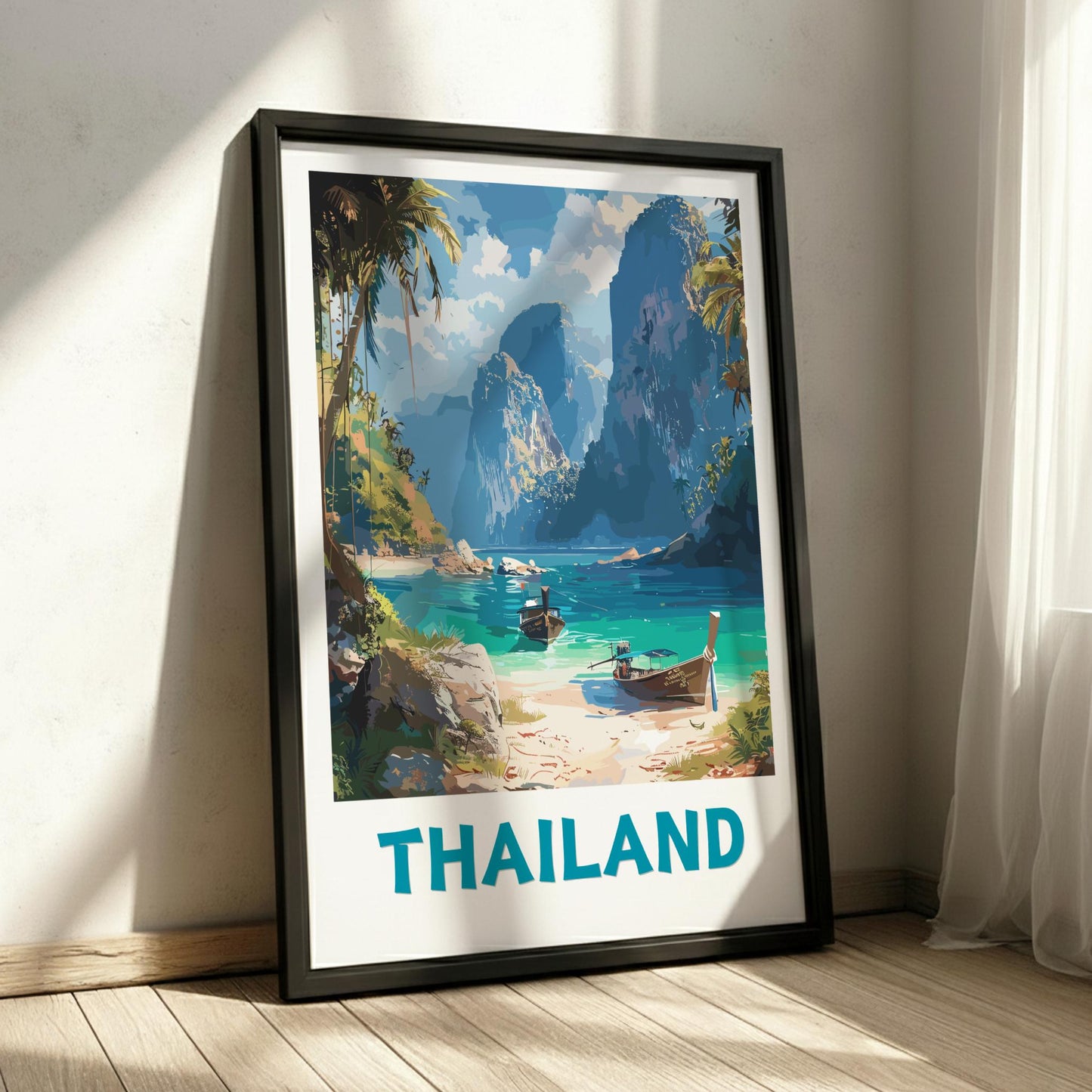 Framed artwork of a tropical landscape with mountains and boats, labeled 'Thailand', on a wall.