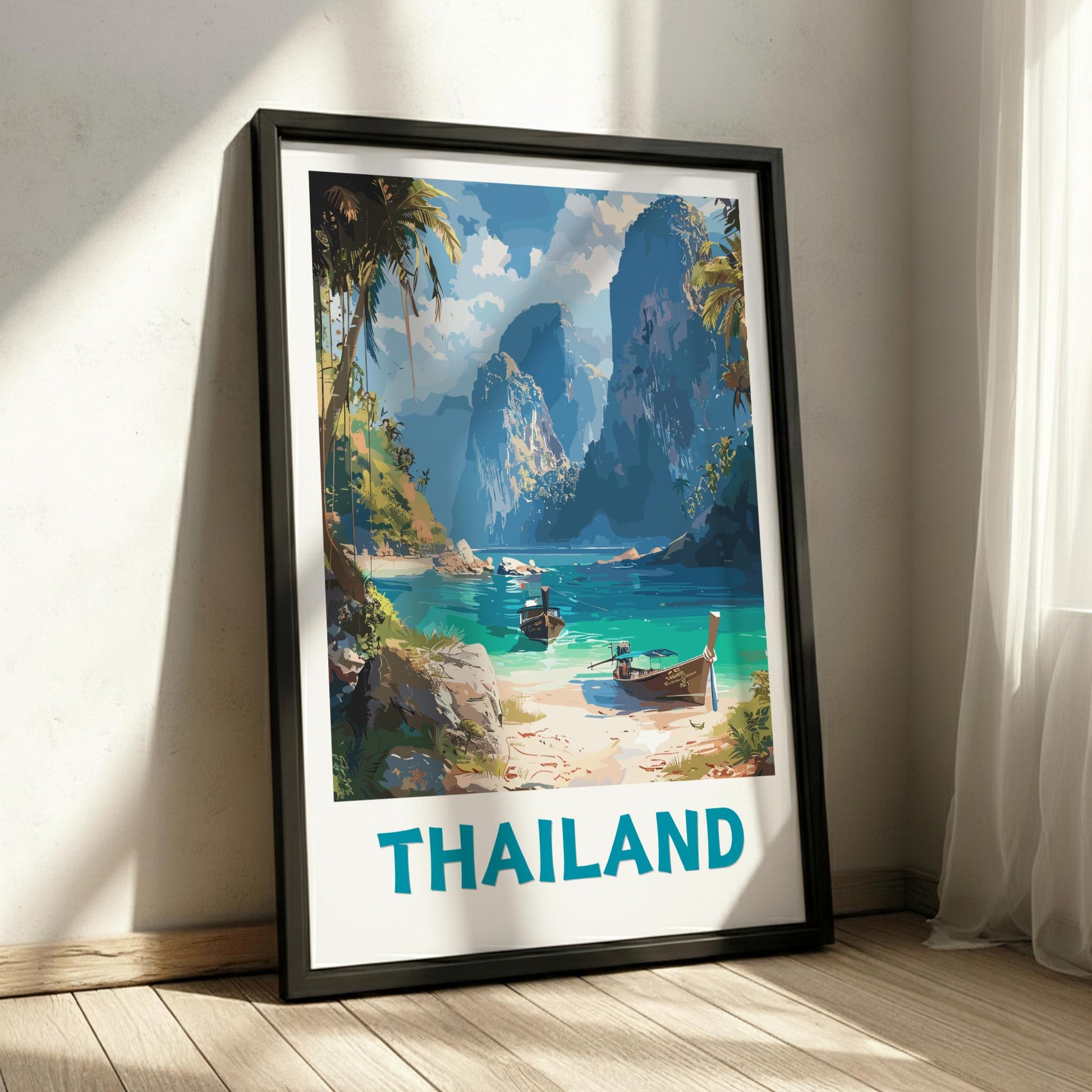 Framed artwork of a tropical landscape with mountains and boats, labeled 'Thailand', on a wall.