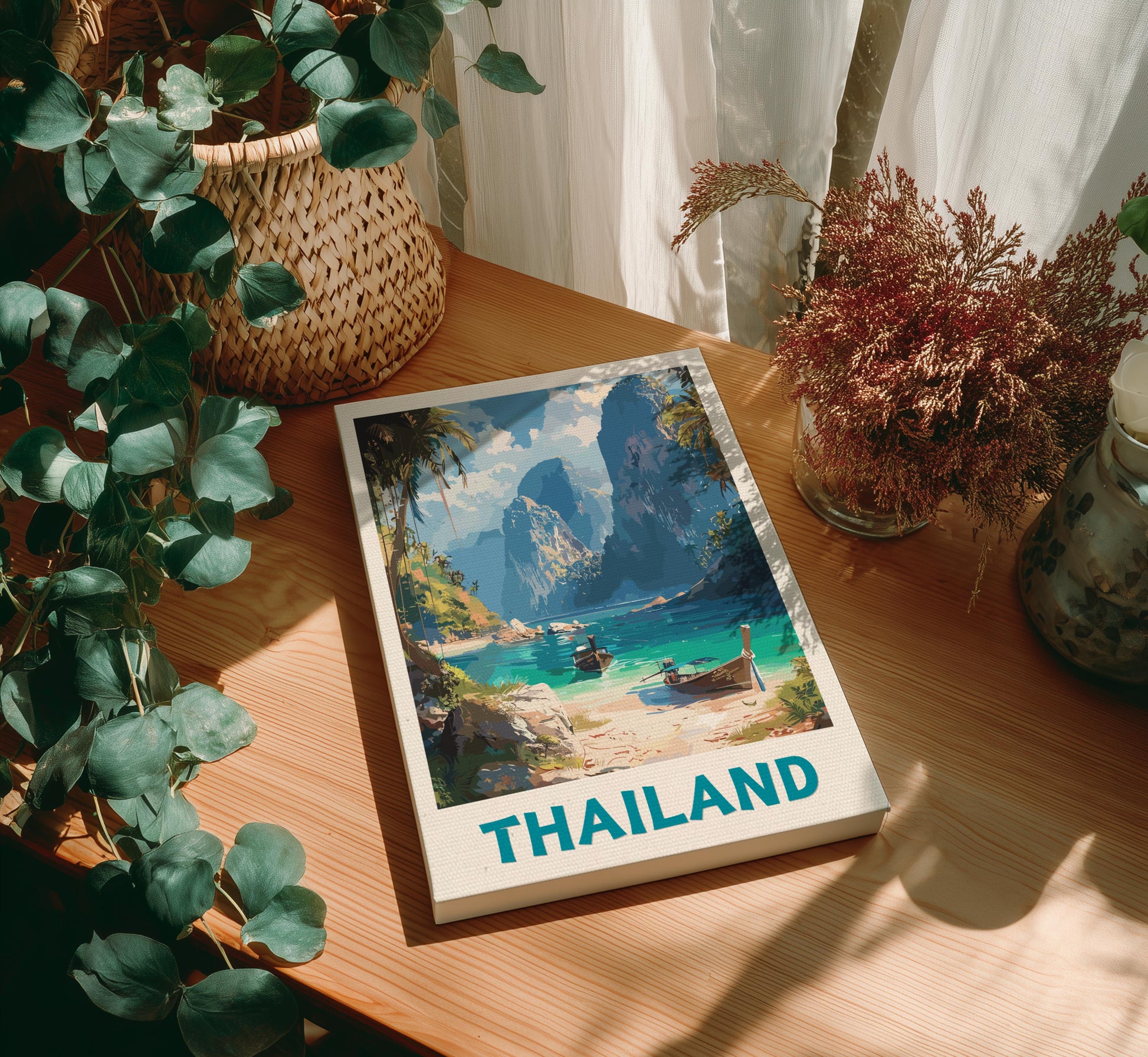 Canvas of 'Thailand' with a beach scene on a wooden table with plants.