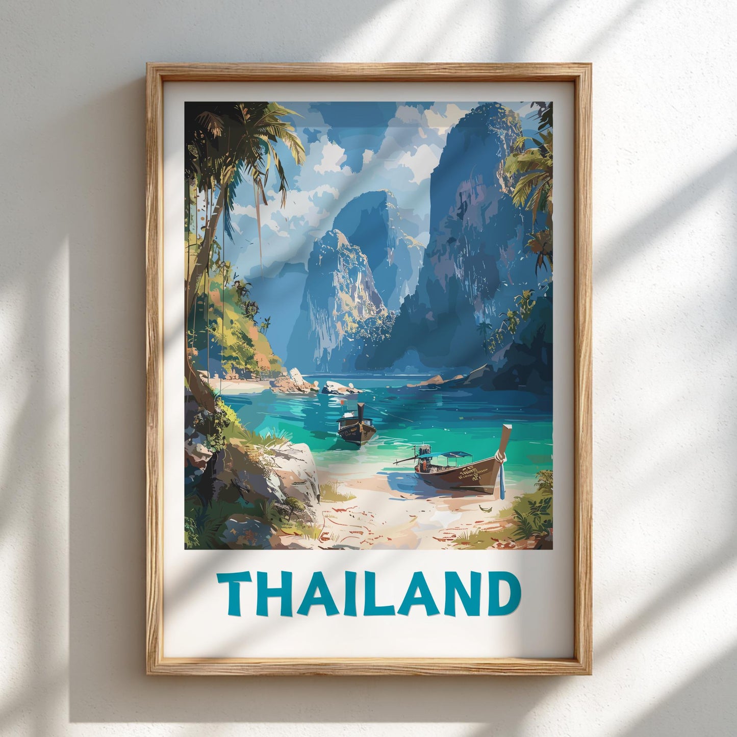 Framed artwork of a tropical beach scene with mountains and 'THAILAND' text on a white wall.