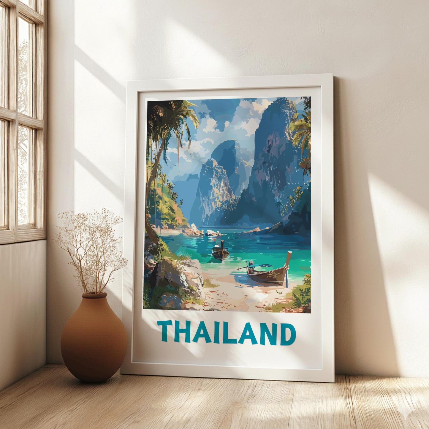 Framed artwork of Thailand with a scenic landscape on a wall.