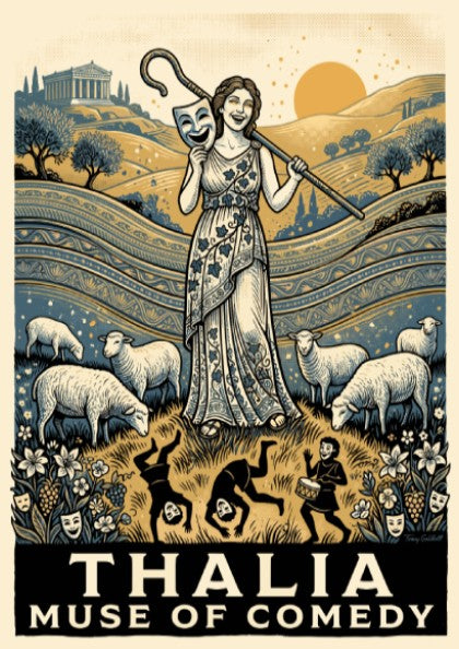 Poster featuring Thalia Muse of Comedy with a theatre mask and grazing sheep