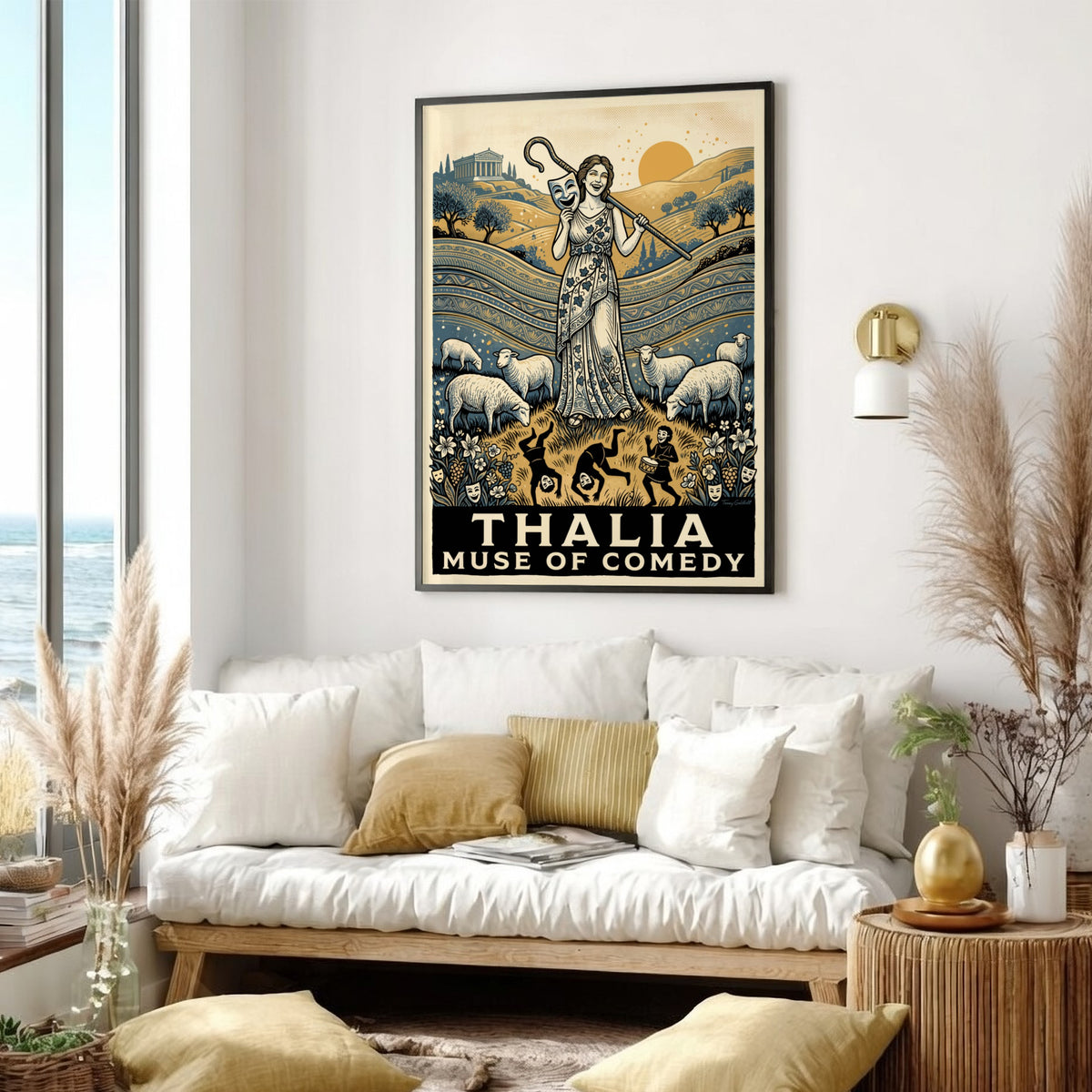 Poster featuring Thalia Muse of Comedy with a theatre mask and grazing sheep