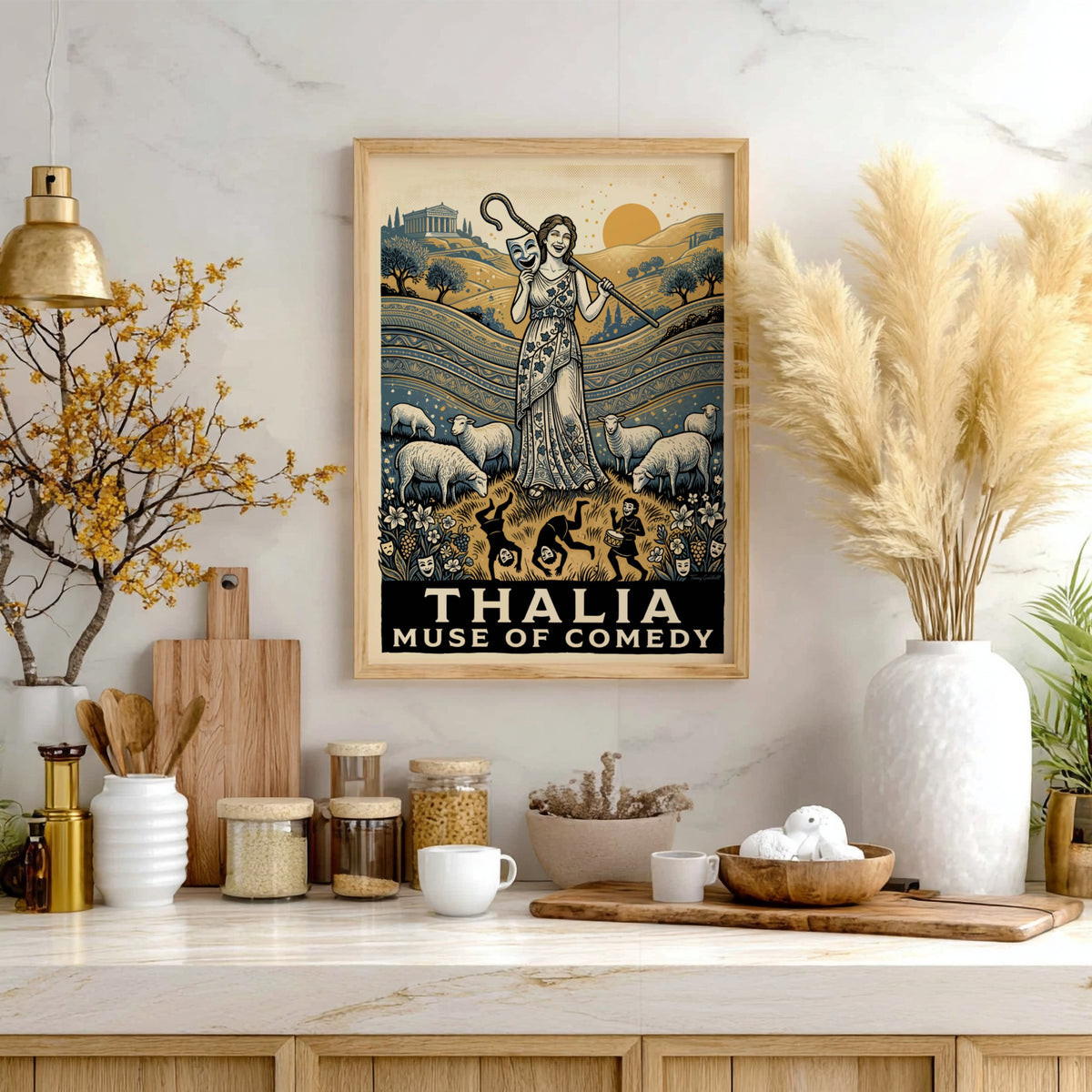 Poster featuring Thalia Muse of Comedy with a theatre mask and grazing sheep
